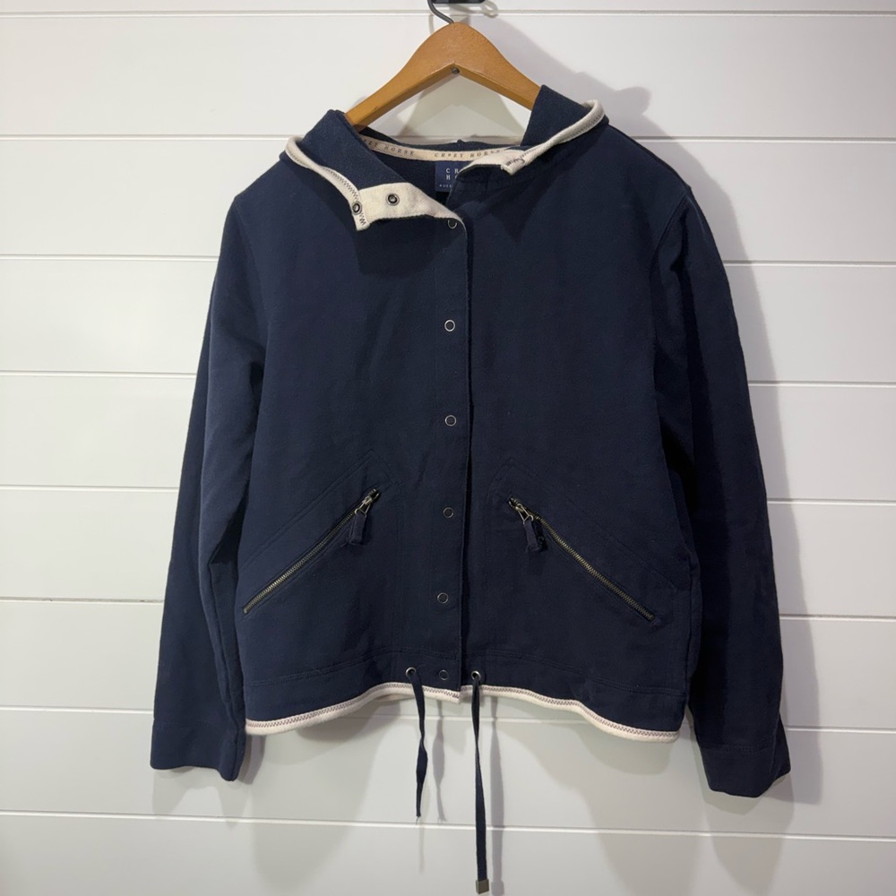 Liz Claiborne Navy Hooded Bomber Jacket with Cream Trim